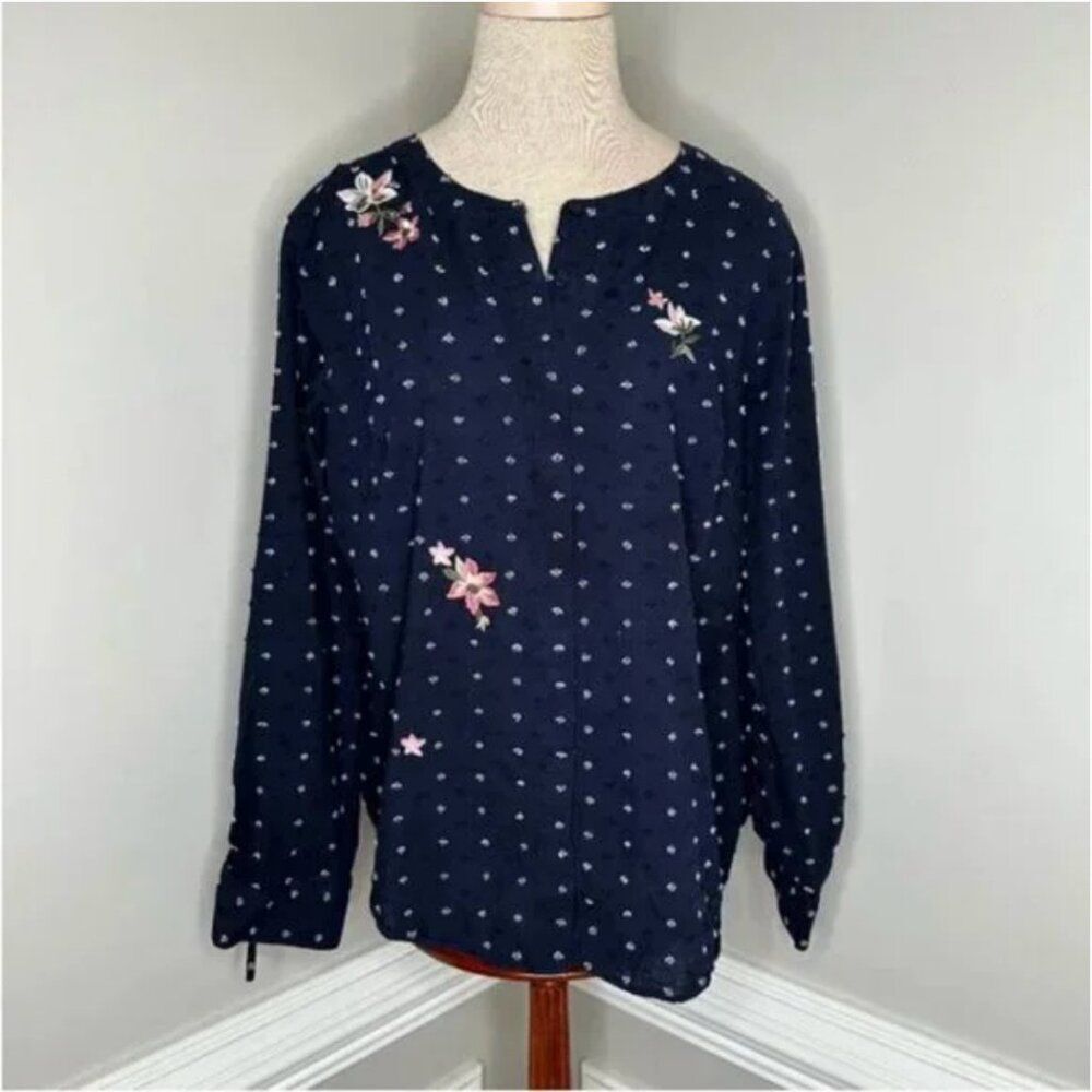 Christopher & Banks Navy Swiss Dot Embroidered Floral Top Front Button SIze XL